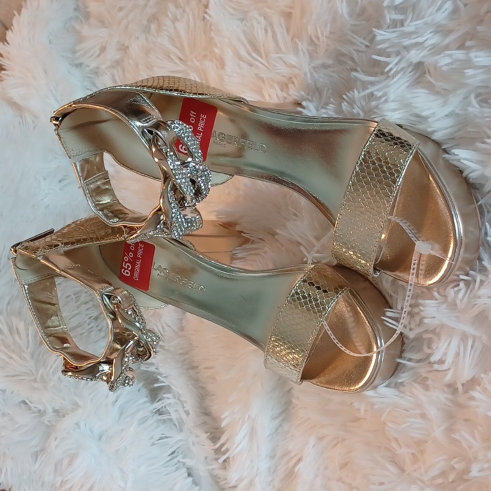 NEW Karl Lagerfeld Paris Gold Snakeprint Anisha Platform Gold Sandal Size 9.5